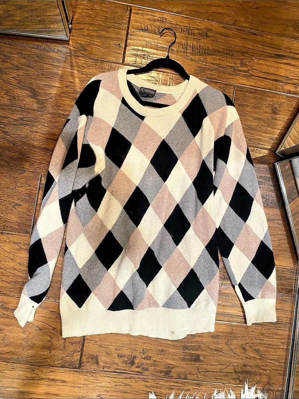 BC Clothing Argyle Crewneck Sweater in Black & Cream cashmere